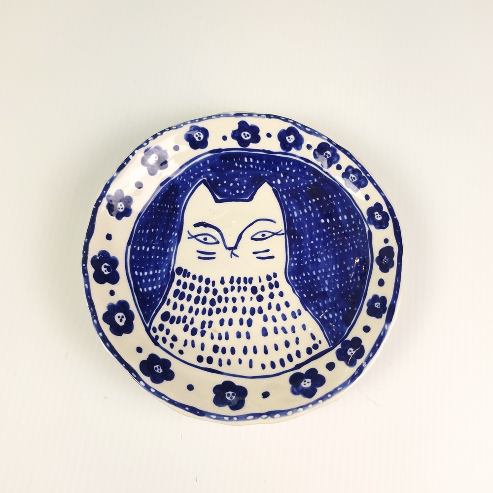 Vintage Mino Ware Blue Cat Ceramic Plate 6" EUC